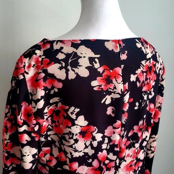 Women's Dress Ditzy Floral Black & Pink 3/4 Sleeve Cowl Neck Holiday Party Fun - Picture 5 of 10